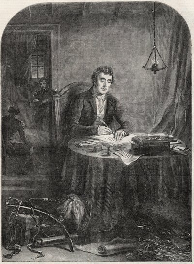 Książę Wellington (Arthur Wellesley (1769-1852) Książę Wellington) pisanie wysyłki po Waterloo, 19 czerwca 1815 - grawerowanie 1852 autorstwa Unknown artist