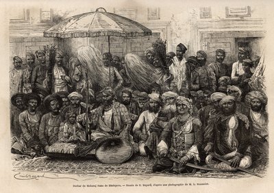 Durbar (feodalna i prawna rada stanu książęcego) Maharajy Rany z królestwa Dholepore (Radźasthan). Engravure pour illustrrer l