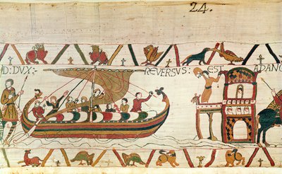 Earl Harold wraca do Anglii, Bayeux Tapestry (haft wełniany na płótnie) autorstwa Unknown artist