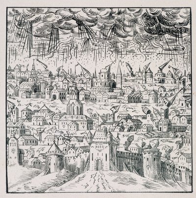 Trzęsienie ziemi w Baden - w „”Zbiór 39 figurek przedstawiających klęski Francji od 1562 do 1586”; Druk Louisa Perrina autorstwa Unknown artist
