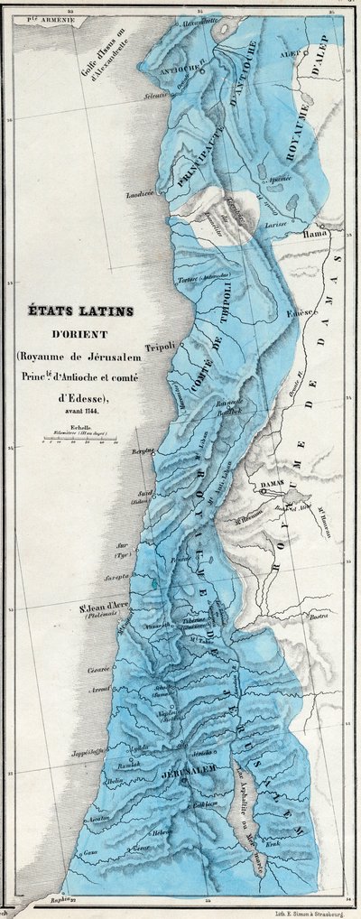 Stany wschodniołacińskie przed 1144 - Królestwo Jerozolimy - Principaut of Antioch - Hrabia Edessy - Mapa przygotowana przez M J-H Schnitzlera, Atlas historyczny i malowniczy 1858 autorstwa Unknown artist