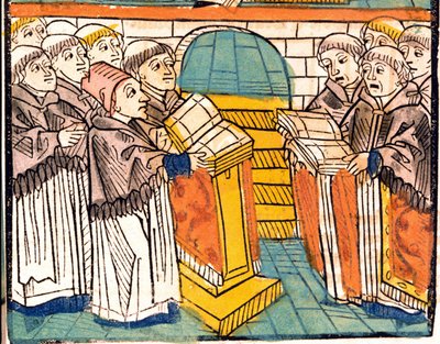 Śpiew kościelny (śpiewający mnisi) - w rękopisie „Sobór w Konstancji” z 1497 r. autorstwa Unknown artist