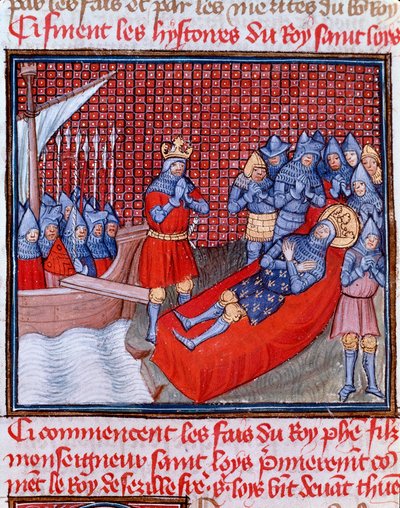 Ósma Krucjata: „Śmierć św. Ludwika w Tunisie 25 sierpnia 1270 r.” Miniatura zaczerpnięta z „Les grandes Chronicles de France” Jeana Froissarta (1337-1400) XV w. Chantilly, Musee Conde autorstwa Unknown artist