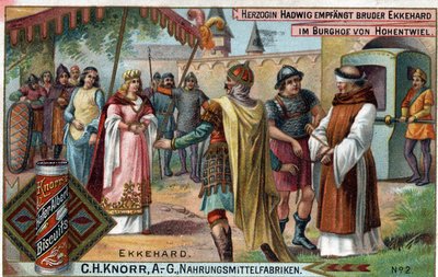 Ekkehard IV z St. Gallen (St. Gallen) lub Eckhard, Eckhart (980-1057) erudyta i poeta łaciński. Księżna Hadwig przyjmuje brata Ekkeharda na dziedzińcu zamku Hohentwiel. Verso: „”Brat Ekkehard, którego księżna zleciła do swojego zamku jako autorstwa Unknown artist