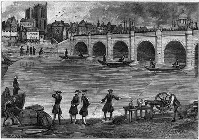 Eksperyment z elektrycznością przeprowadzony przez angielskiego fizyka Williama Watsona (1715-1787) na brzegach Tamizy w XVIII wieku. Grawerowanie w „”La Nature: revue des sciences et de leurs applications aux arts et a l