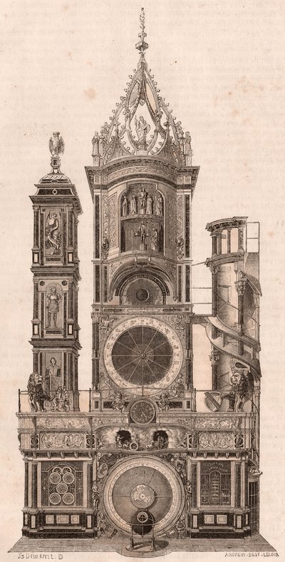 Widok elewacji zegara astronomicznego znajdującego się w katedrze Matki Bożej w Strasburgu, Francja autorstwa Unknown