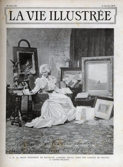 Elżbieta z Wied Królowa małżonka Rumunii 1843-1916 - Elisabeth de Wied - Elisabeth Pauline Ottilie Louise de Wied (znana jako pióro Carmen Sylva), w swoim biurze w Castel Pelesch - okładka życia ilustrowana z 1900 roku autorstwa Unknown artist