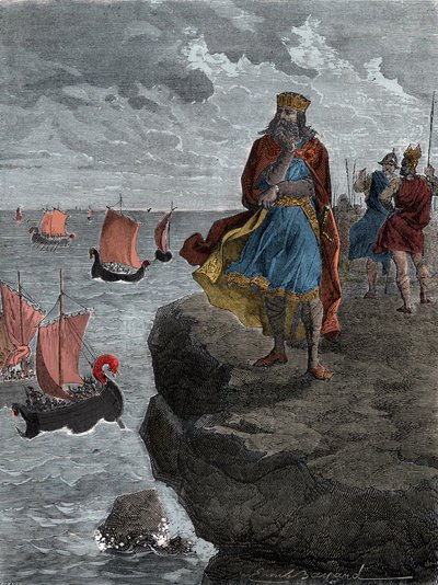 Cesarz Karol Wielki (Carlo Magno) obserwujący przybycie statków normańskich – król Karol Wielki (742/747-814), król Franków, spogląda w dół na statki wypełnione najeźdźcami Norsemen autorstwa Unknown artist