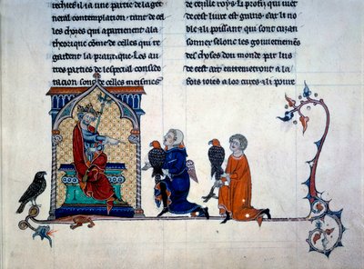Cesarz Fryderyk II (1194-1250) odbierający miniatury sokolników ze „Sztuki polowania z ptakami” autorstwa Unknown artist