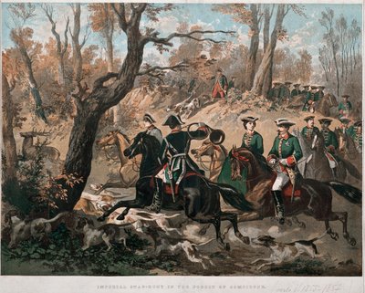 Cesarz Napoleon III (1808-1873) i jego żona Eugenia de Montijo (1826-1920) spacerują po lesie Compiegne Litografia w kolorze około 1855 r. Mediolan Museo del Risorgimento autorstwa Unknown artist