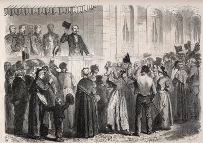 Cesarz Napoleon III (1808-1873) na tarasie willi Straussa a Vichy, witany przez ludność wsi w niedzielę 7 lipca 1861 - Grawerowanie w „Świat znakomity”” autorstwa Unknown artist