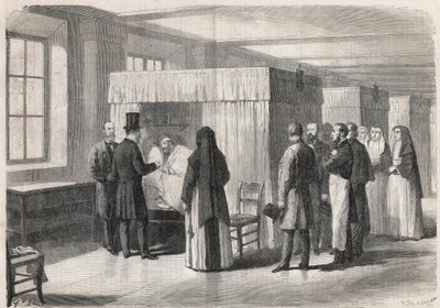 Cesarz Napoleon III (1808-1873) odwiedza pokoje Hotelu Dieu (Hotel-Dieu) dla chorych na cholerę i rozmawia z nimi - Grawerowanie w „Świat sławny”” autorstwa Unknown artist