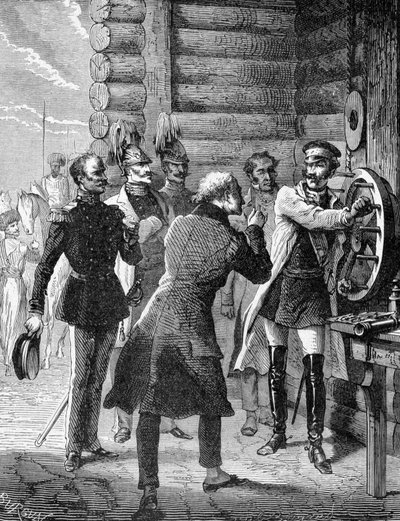 Cesarz Mikołaj I wykonał pierwszą próbę linii telegraficznej z Petersburga do Warszawy w 1838 r. Rycina XIX w. autorstwa Unknown artist