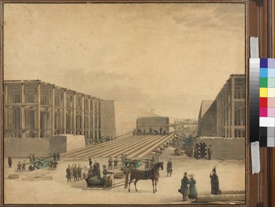 Cesarz Mikołaj I zwiedzający plac budowy Kolumny Aleksandra - Anonim. Akwarela na papierze, po 1836 r. Państwowe Muzeum Historii Sankt Petersburga autorstwa Unknown artist