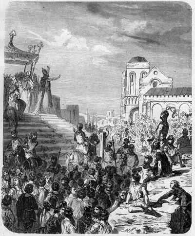Koniec imperium karolińskiego: detronizacja Karola III III Wielkiego (839-888) Cesarza Zachodu (881 - 888) i Regenta Francji (884 - 887) w 887. Grawerowanie w „” Histoire De France En Cent Obrazy autorstwa Paweł Lehugeur „” 1891 autorstwa Unknown artist