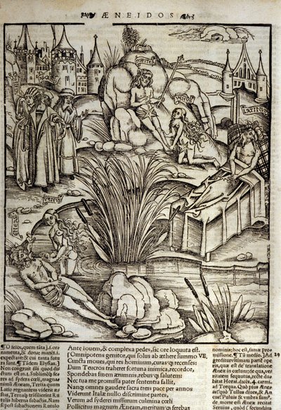 Eneide de Virgil (70 pne-19 pne), Księga XII, bohaterowie trojańscy Enee zostaje cudownie potraktowany przez Wenus, po czym postanowił szturmować miasto Latinus. Umiera król Lacjum (po prawej) i to Enee zostanie królem, który poślubi córkę zmarłego Lavinie autorstwa Unknown artist