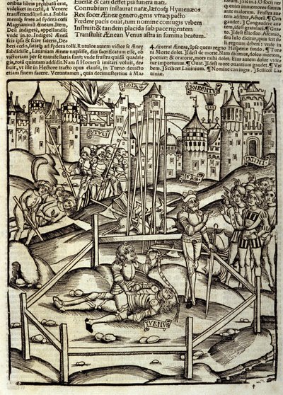 Eneide de Virgil (70 pne-19 pne), Księga XII, bohaterowie trojańscy Enee zabija w bitwie pod Turnusem na oczach łacinników i Rutuli. Ksylografia Sebastiana Branta (1458-1521). Strasburg autorstwa Unknown artist