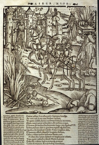 Eneide de Virgil (70 pne-19 pne), księga XIII (supplementum), trojański bohater Enee przyjmuje łacinników, składane są ofiary ku czci ofiar wojny. Ksylografia Sebastiana Branta (1458-1521). Strasburg autorstwa Unknown artist