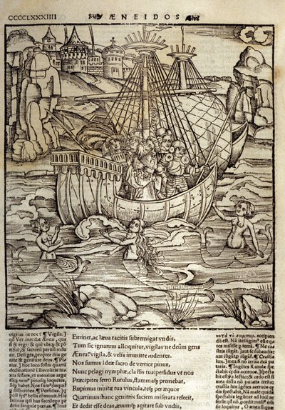 Eneide de Virgil (70 pne-19 pne), trojański bohater Enee i jego towarzysze przeprawiają się przez morze pełne syren. Ksylografia Sebastiana Branta (1458-1521). Strasburg autorstwa Unknown artist