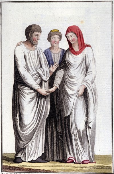 Zaręczyny lub obietnica małżeństwa: dextrarum iunctio lub połączenie prostych rąk. Rycina XIX wieku. autorstwa Unknown artist