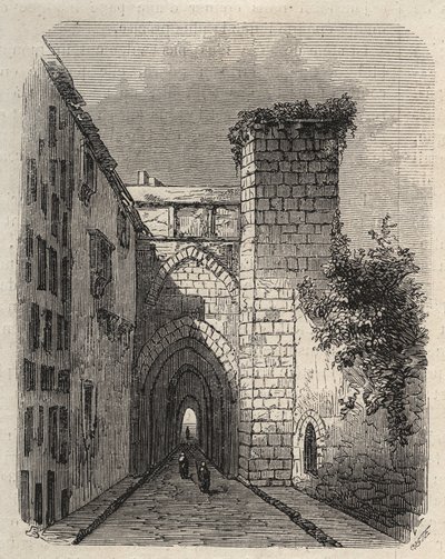 Wejście do Arabskiej Medresy (Wyższej Szkoły) w Jerozolimie, gdzie zakopano stelę Meszy ze świątyni - rycina w „Światach znakomitych” ze stycznia 1873 r. autorstwa Unknown artist