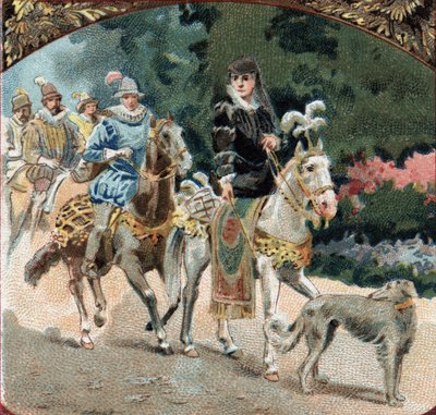 Wkroczenie Karola IX (1550-1574) i Katarzyny Medycejskiej (Caterina de Medici) (1519-1589) do zamku Chenonceaux. Chromolitografia z końca XIX wieku autorstwa Unknown artist