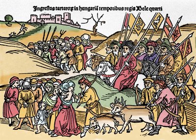 Wkroczenie Tatarów na Węgry pod panowaniem Beli IV (1235-1270) Węgier. Grawer z „Chronica Hungariae””. Biblioteca Marciana, Wenecja. autorstwa Unknown artist