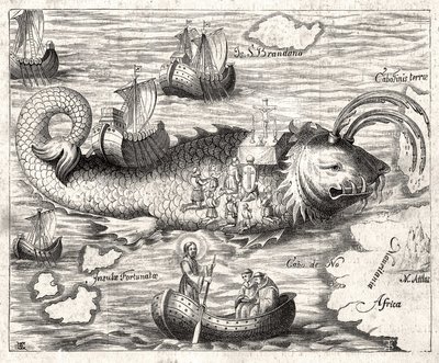Epizod Legendy o św. Brandanie (Brendan): fantastyczna podróż irlandzkiego opactwa z VI wieku w poszukiwaniu ziemskiego raju. Druk z 1621 r. autorstwa Unknown artist