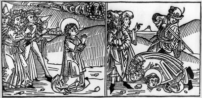 Epizod z życia św. Donata (zm. ok. 355) Rycina z „Leben der Heiligen - sommerteil” (Księga świętego) Jakuba (Jakuba) z Voragine (1228-1298). Lubeka 1488. autorstwa Unknown artist