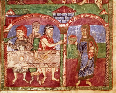 Epizod z życia Sainte Radegonde (Radegundis) de Poitiers (519-587), żony Klotara I, króla Franków: Radegonde podczas swych dzieł charytatywnych zasiada przy stole ubogich. Miniatura z rękopisu z XI wieku. Biblioteka Miejska Poitiers autorstwa Unknown artist