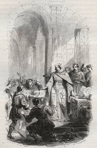 Ermesinde, hrabina Luksemburga - Karta pocztowa nadana przez Ermesinde Iere z Luksemburga mieszkańcom Luksemburga w 1243 r. - Rycina z 1868 r. w „Historii Belgii od czasów pierwotnych do końca Leopolda I” autorstwa Theodore Juste (1818-1888) - autorstwa Unknown artist