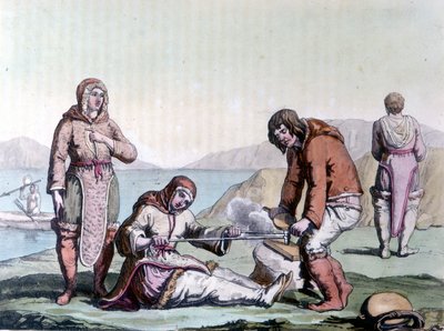 Eskimosi rozpalają ogień, pocierając kawałki drewna. autorstwa Unknown artist