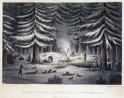 Założenie obozu podczas zimowej nocy – w „Opowieści o wyprawie nad brzeg morza polarnego w latach 1819-1821” Johna Franklina, wyd. Londyn autorstwa Unknown artist