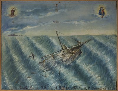 Ex-voto (ex voto) marynarz, popularna oferta jako rękojmia oddania i wdzięczności żeglarza przeżywającego niebezpieczeństwa morza, pochodzącego z kościoła Carmine, Torre del Greco, niedaleko Neapolu, 29.03.1894 Włochy autorstwa Unknown artist