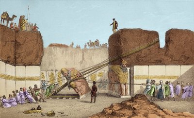 Wykopaliska Niniwy (Ninewa) - Ruiny Nimrud (Nimroud) autorstwa Henri Layarda (po podróży do Mezopotamii w XIX wieku); wymiana wielkiego byczego skrzydła - transport skrzydlatego byka z Nimrud, podczas wykopalisk Sir Austena Henry