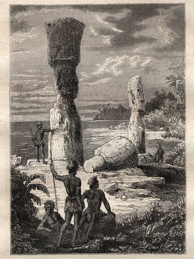 Wyprawa dookoła świata (1785-1788) Jeana Francois Galaup de La Perouse (1741-1788): rdzenni mieszkańcy Wyspy Wielkanocnej patrzący na monumentalne posągi (Moai) - ilustracja zaczerpnięta z „Wielkich Marynarzy XVIII wieku”” autorstwa Unknown artist