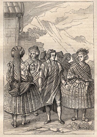 Wyprawa dookoła świata (1785-1788) Jeana Francois Galaup de La Perouse (1741-1788): kostiumy mieszkańców Concepcion (Chile) - ilustracja zaczerpnięta z „Wielkich Marynarzy XVIII wieku”” autorstwa Unknown artist