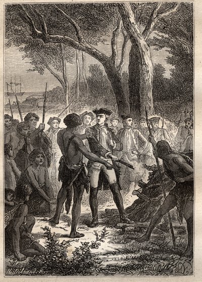 Wyprawa Nicolasa Thomasa Marion-Dufresne (Marion Dufresne) (1729-1772): Marion wysiadła w Frederick Henry Bay (Tasmania) i zaoferowano jej brandon podpalony przez rdzenną ludność – ilustracja zaczerpnięta z „Wielkich marynarzy XVIII wieku”” autorstwa Unknown artist