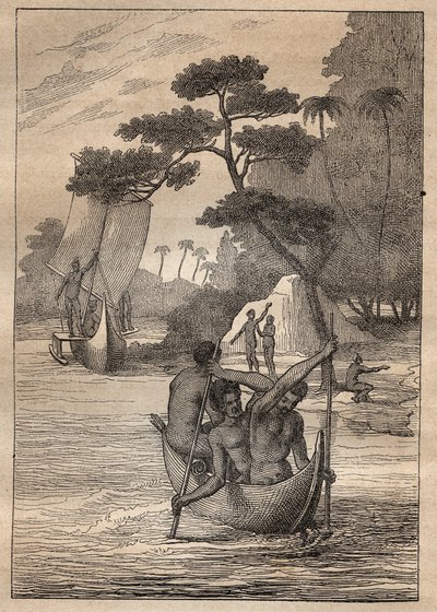 Wyprawa Nicolasa Thomasa Marion-Dufresne (Marion Dufresne) (1729-1772): kajaki z wysp Admiraut (Archipelag Bismarcka, Papua Nowa Gwinea) - ilustracja zaczerpnięta z „Wielkich żeglarzy XVIII wieku”” autorstwa Unknown artist