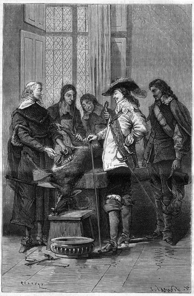 Doświadczenie Williama Harveya (1578-1657), angielskiego lekarza pokazującego Karolowi I Stuartowi (1600-1649), królowi Anglii i lekarzom Royal College of London, zjawisko krążenia krwi u żywej łani. Grawerowanie w „”La Nature”” autorstwa Unknown artist