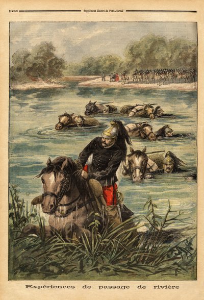 Doświadczenie przejścia rzeki przez 7. pułk smoków w Fontainebleau. Grawerowanie w „Le petit journal”” 6.09.1896. Kolekcja Selvy. autorstwa Unknown artist