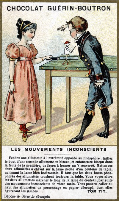Doświadczenie dwójki dzieci z zapałkami i nożem. Chromolitografia opakowań do czekolady Guérin Boutron. autorstwa Unknown artist