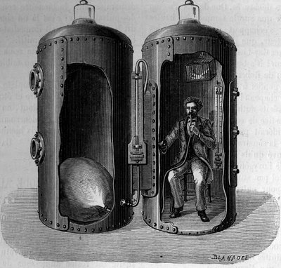 Doświadczenie fizjologa Paula Berta (1833-1886) dotyczące ciśnienia barometrycznego: oddychanie powietrzem suroksygenicznym rozszerza się wraz ze spadkiem ciśnienia. Grawerowanie w „”La Nature: revue des sciences et de leurs applications aux arts et a l
