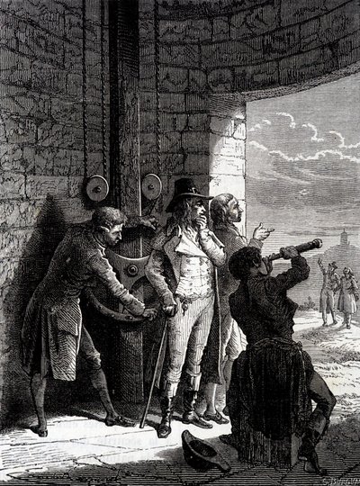 Eksperyment telegrafu Chappe wykonany 12 lipca 1793 r. z Ménilmontant do Saint-Martin-du-Tertre przed komisarzami Konwencji – w „Cuda przemysłu” Louisa Figuiera autorstwa Unknown artist