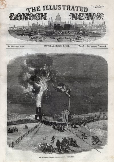 Wybuch w kopalni węgla Lund Hill (Lundhill) w Barnsley w Anglii. Gazeta. Grawerowanie w „The Illustrated London News”” z 7 marca autorstwa Unknown artist