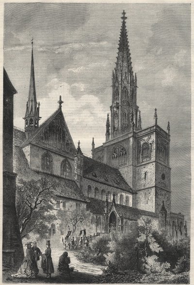 Zewnętrzny widok katedry Notre Dame w Konstancji, Niemcy. Grawer w „Prześwietnym Wszechświecie” autorstwa Unknown artist