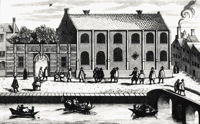 Widok z zewnątrz na budynek Uniwersytetu w Leiden założony w 1575 roku przez Guillaume de Nassau. Grawerowanie według „”Illustium Hollandiae, etc, Ordinum, Alma academia Leydensis”” autorstwa Unknown artist