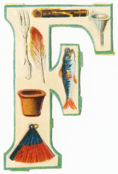 F: widelec, flet, lejek, doniczka, piórko, ryba, wachlarz (litografia kolorowa) autorstwa Unknown artist