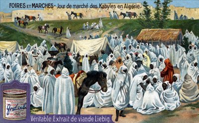 Targi i jarmarki: Dzień targowy w Kabylu w Algierii. Chromolitografia, obraz Liebiga. autorstwa Unknown artist