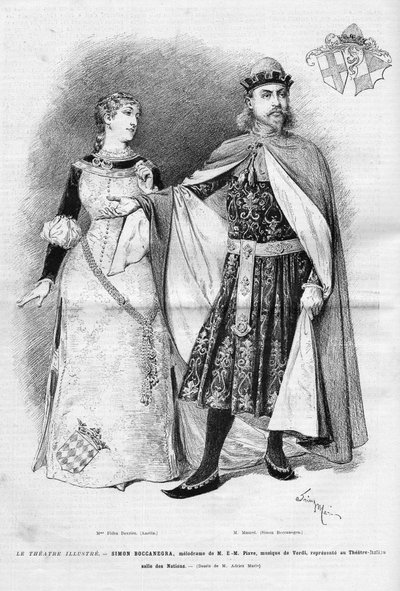 Fides Devries w roli Amelii i Victora Maurel (1848 -1923) w roli Simona Boccanegry w operze eponim w trzech aktach Giuseppe Verdiego, libretto Francesco Marii Piave według utworu Antonio Garcii Gutierreza, przedstawiciela na Itali autorstwa Unknown artist